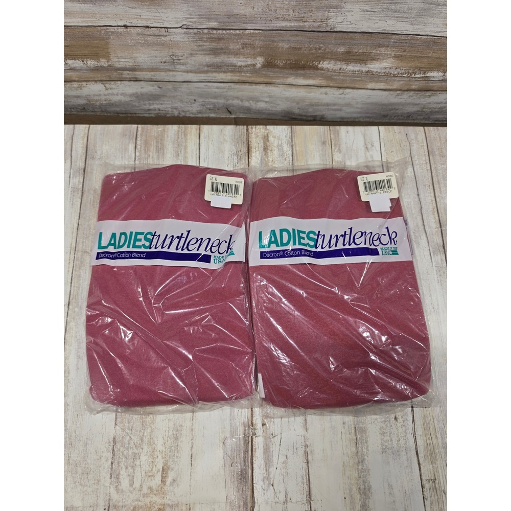Vintage 90s Rose Pink Turtleneck Top Made in USA Dacron Cotton Blend XL Lot of 2